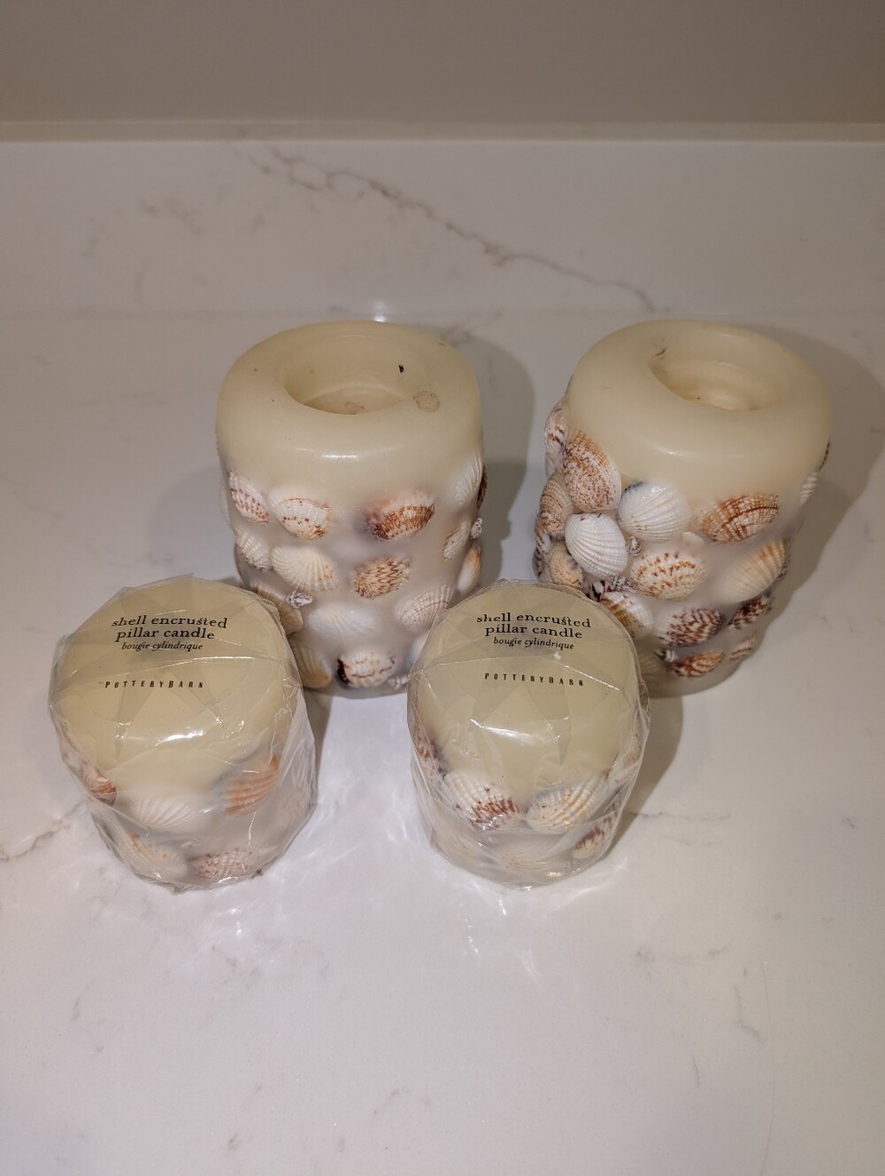Pottery Barn Shell Encrusted Pillar Candles - Set Of 4